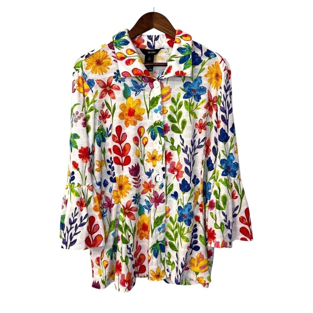 Ali Miles button front blouse women's XL colorful vibrant floral botanical art